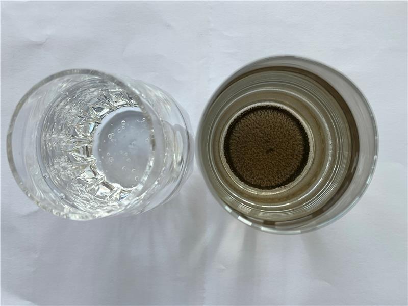 Altländer sauer: Aus dem Hahn kommt braune Brühe statt klares Wasser Frisches Trinkwasser aus der Leitung: Blick ins Glas von Reinhard Dunker in Twielenfleth. Eisen und Mangan setzen sich am Boden ab. Fotos: Vasel