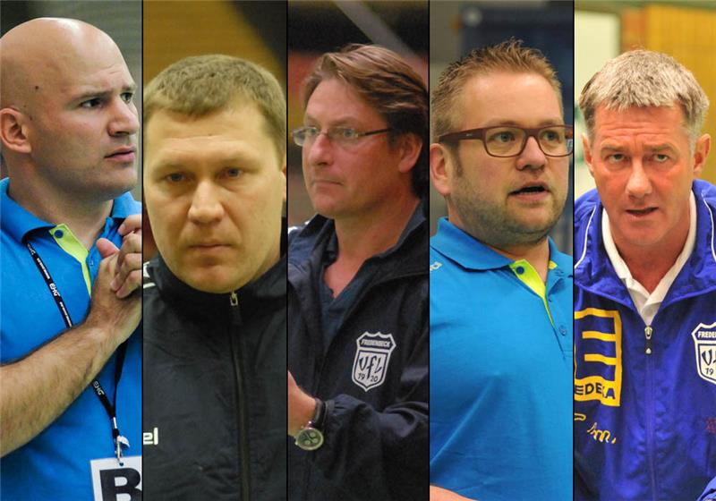 Frühere VfL-Trainer: Andreas Ott (von links), Ralf Böhme, Michael, Hein, Steffen Birkner und Uwe Inderthal. Fotos Archiv