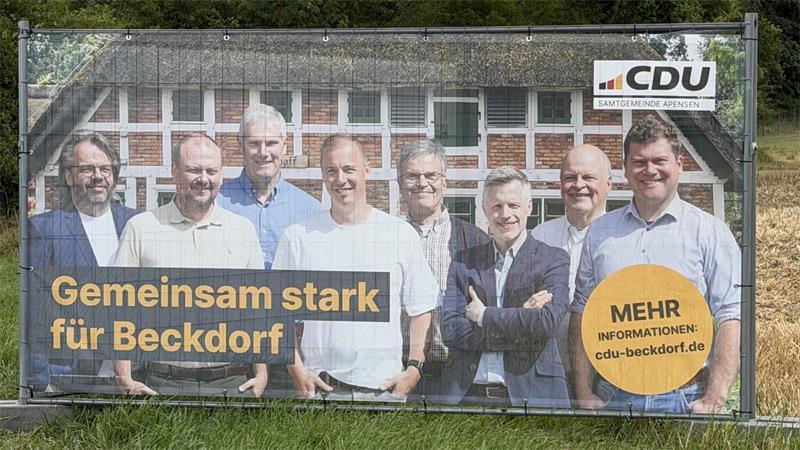Kommunalwahl 2026: Das sind Apensens Kandidaten Für den Beckdorfer Gemeinderat kandidieren von der CDU (von links): Mario Dieckheuer, Sebastian Zcernikow, Jürgen Meier, Spitzenkandidat Hendrik Klindworth, Andreas Tobaben-Merkens, Jörg Eisen, Dr. Hinrich Mohr, Christoph Hauschild.