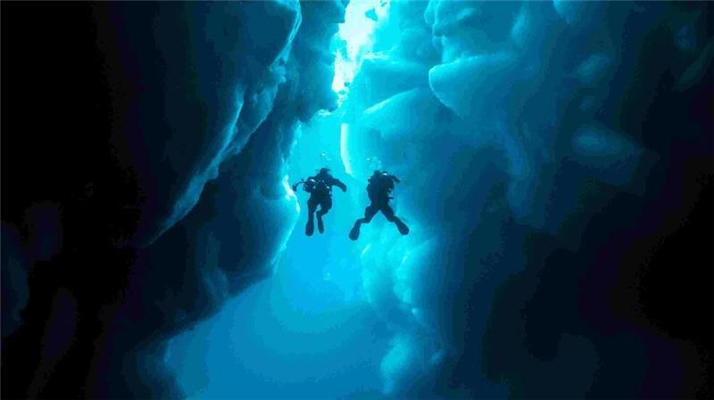Welche spektakulären Funde Taucher Christian Howe schon gemacht hat Zwei Taucher zwischen unter Wasser liegenden Eismassen, die sich langsam in der Dunkelheit verlieren