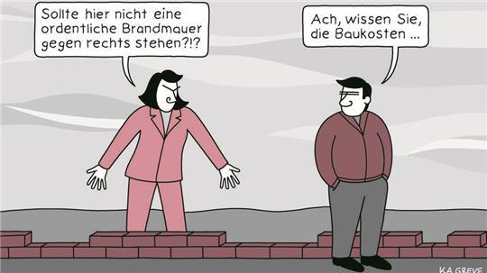 Ein langhaariger Typ im pinken Anzug steht hinter einer Mauer, die gerade mal zwei Steine hoch ist und fragt den Typen davor "Sollte hier nicht eine ordentliche Brandmauer gegen rechts stehen? Der antwortet: "Ach, wissen Sie, die Baukosten..."