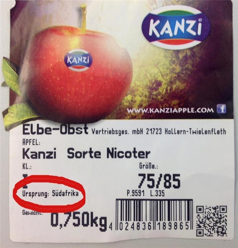 Ganz klein steht Südafrika auf dem Elbe-Obst-Etikett (roter Kreis).