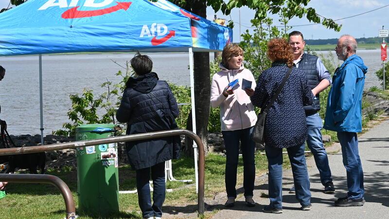 Omas gegen Rechts protestieren gegen AfD-Stand am Lühe-Anleger Gespräch unter Gegnern: Astrid zum Felde (AfD) diskutiert mit Inge Massow-Oltermann (FWG).