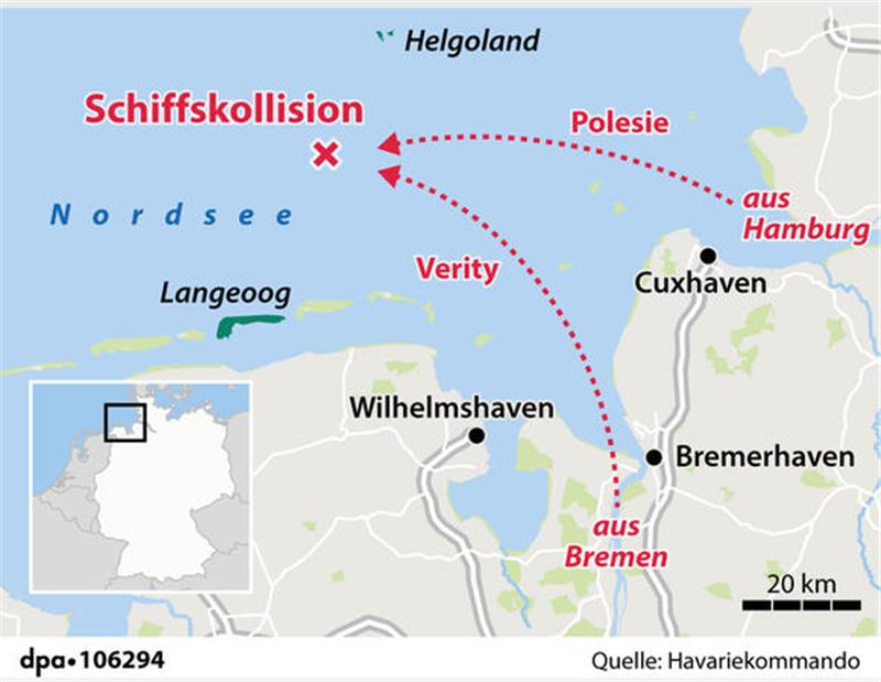 Traurige Gewissheit: Fünf Seeleute bei Frachter-Kollision gestorben Grafik-Karte Nr. 106294, Querformat 90 x 70 mm, „Verortung der Kollision zweier Frachter in der Nordsee“; Grafik: P. Massow; Redaktion: B. Schaller