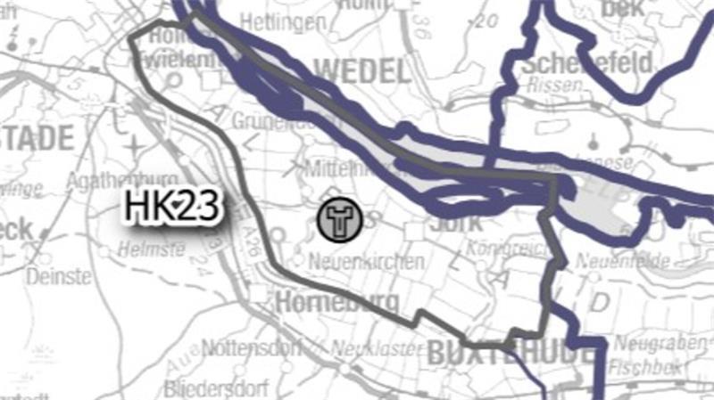 Nächster Schritt fürs Megaprojekt: 266 Meter hohe Windräder an der A26 geplant Grenzen des Vorranggebietes kulturelles Sachgut (graue Linie) und der Windkraft-Potenzialfläche in Hollern-Twielenfleth, unten verläuft die A26.