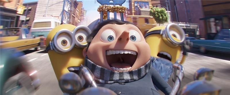 Gru (Mitte) und die Minions in einer Szene des Films "Minions – Auf der Suche nach dem Mini-Boss" (undatierte Filmszene). Foto: -/Universal Pictures/Illumination Entertainmen /dpa