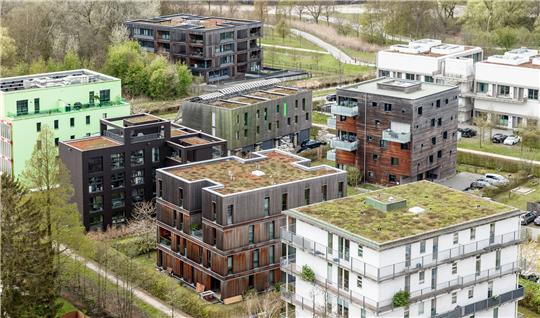 Gründächer sind auf Neubauten im Hamburger Stadtteil Wilhelmsburg zu sehen. Auf ihnen gedeiht biologische Artenvielfalt und sie helfen, Stadterwärmung durch Klimawandel zu dämpfen. Foto: Markus Scholz/dpa