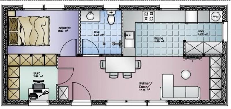 Grundriss eines Kleinhauses: Der Wohnbereich unten, die Küchen oben rechts, daneben das Bad und links ein Schlafzimmer. Daneben wäre noch ein Büro möglich.