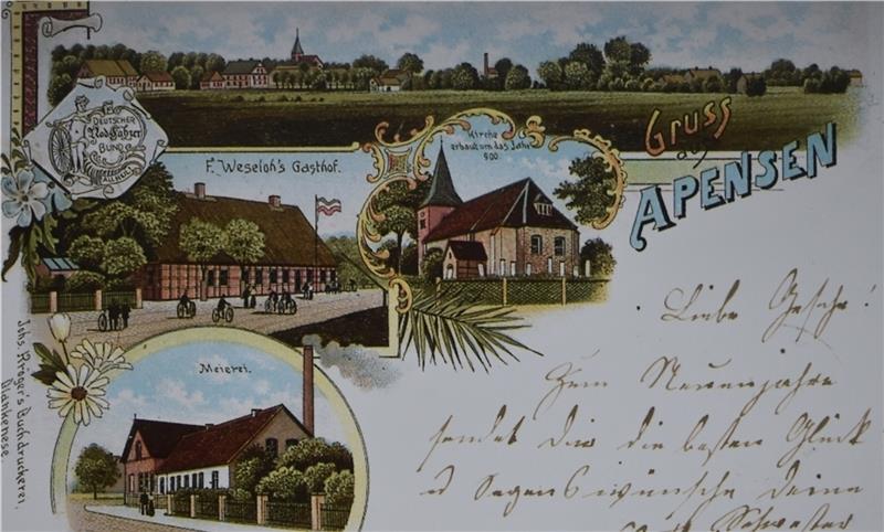 „Gruss aus Apensen“: Diese Ansichtskarte zeigt die Ortschaft um 1895. In der Mitte ist der Vorgängerbau der Apenser Kirche von 1909/1910 zu sehen, die im 12. Jahrhundert errichtete Feldsteinkirche.