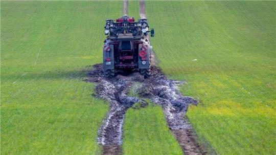 Gülle als organisches Düngemittel von einem Traktor mit Schleppschlauchverteiler ausgebracht.