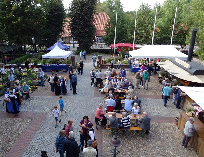 Gut besucht: Blick aus dem Moisburger Amtshaus auf das Geschehen beim Mühlenfest mit der historischen Wassermühle im Hintergrund. Foto Lepél