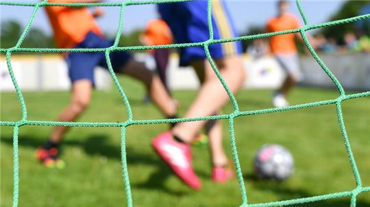 Kinder spielen auf einem Sportplatz Fußball. Hamburger Sportvereine verzeichnen mehr Mitglieder.