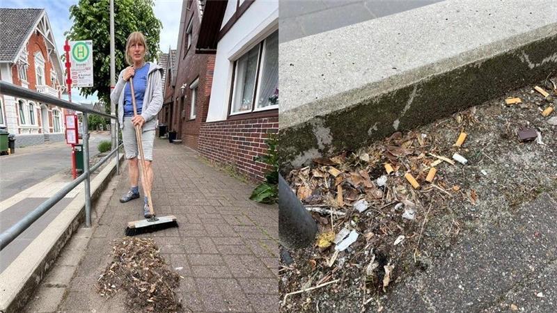 Giftmüll: Altländerin kämpft mit Wort und Besen gegen Zigarettenkippen Hanne Reimers fegt Zigarettenstummel an der Bushaltestelle in Estebrügge weg.