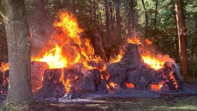 Heuballen stehen in Flammen - war es Brandstiftung? Heuballen brennen am Waldrand in Kirchtimke.