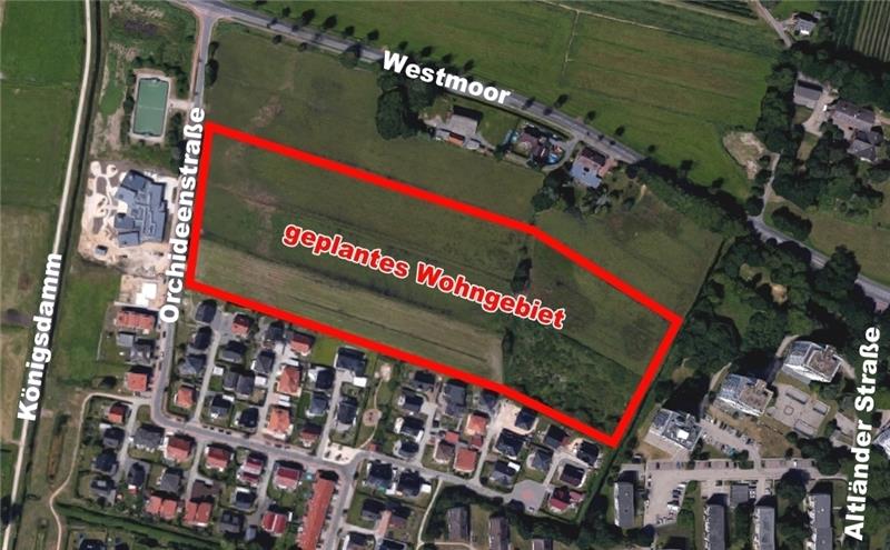 Hier am Westmoor soll auf 3,7 Hektar in den nächsten Jahren ein neues Wohngebiet entstehen. Foto Google Earth / Grafik Finnern