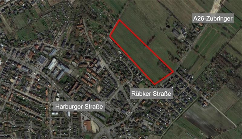 An der Rübker Straße soll gebaut werden – Buxtehuder Politik hat Bedenken Hier soll Buxtehudes neuestes Wohngebiet entstehen: An der Rübker Straße hinter der bestehenden Bebauung (roter Bereich) sollen 195 Wohnungen gebaut werden. Foto: Google Maps/Grafik: Battmer