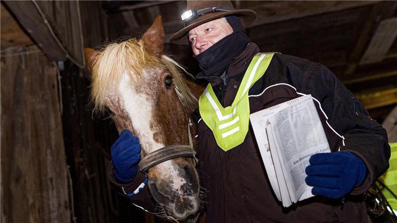 Hier streichelt Zotan am frühen Morgen sein Pferd Wilko.
