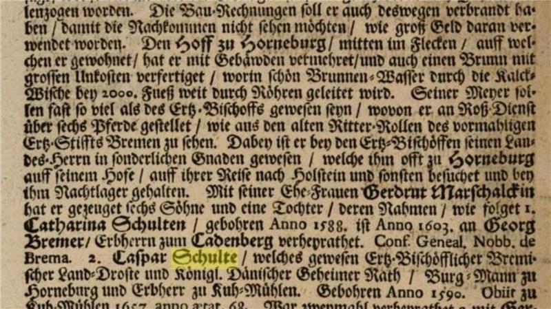Hinweis auf den Brunnen des Burgmannshofes bei Luneberg Mushard in ‚Bremisch- und Verdischer Ritter-Sahl Oder Denckmahl Der Uhralten Berühmten Hoch-adelichen Geschlechter Insonderheit der Hochlöblichen Ritterschafft In Denen Hertzogthümern Bremen und Verden‘ von 1708.