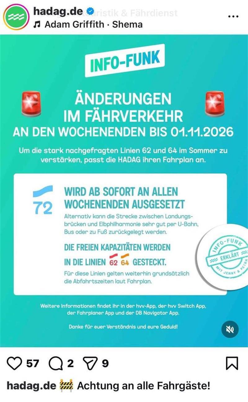 HADAG streicht weitere Fährverbindung: Pendler im Kreis Stade profitieren Hinweise der Hadag bei Instagram.