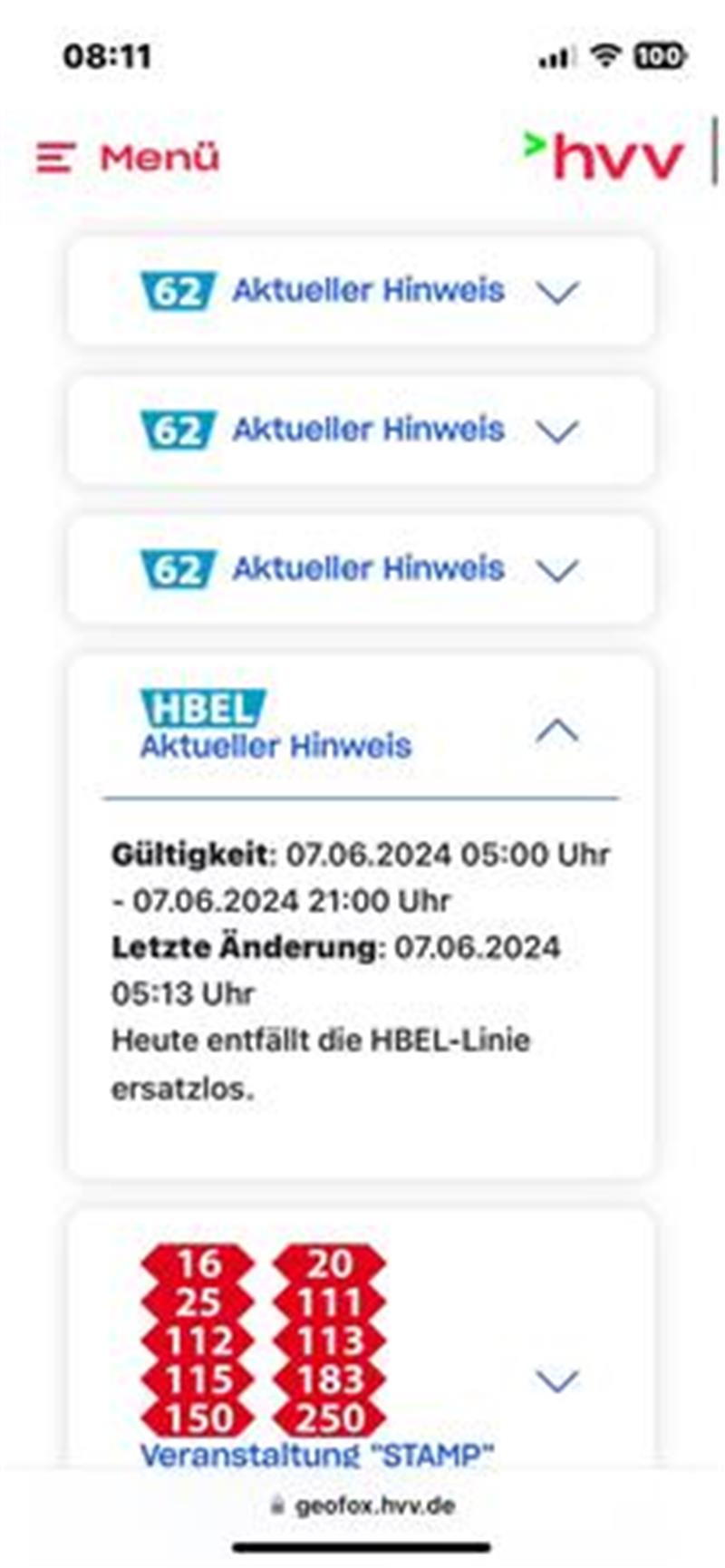 Hiweis in der HVV-App. Die HBEL zwischen Blankenese und Cranz fällt ersatzlos aus.