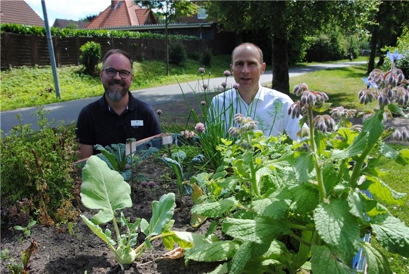 Hochbeete setzen am Kopenkamp Akzente. Oliver Helms (links) und Dr. Christian Pape am Hochbeet der Initiative „Essbare Stadt“ . Foto: Stief
