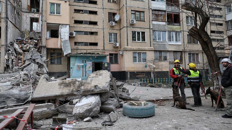 Krieg gegen die Ukraine: So ist die Lage Hundeführer stehen neben einem Wohnhaus in Odessa, das von einer russischen Drohne zerstört wurde.