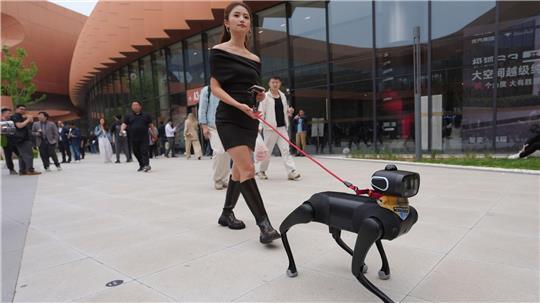 Hundesteuer gespart: Eine Frau geht mit einem Roboterhund während der Messe Auto China 2026 in Peking spazieren.