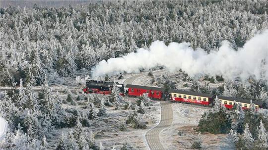 Idyllisch: Ein Zug der Harzer Schmalspurbahnen fährt durch den mit Raureif bedeckten Brockenwald.