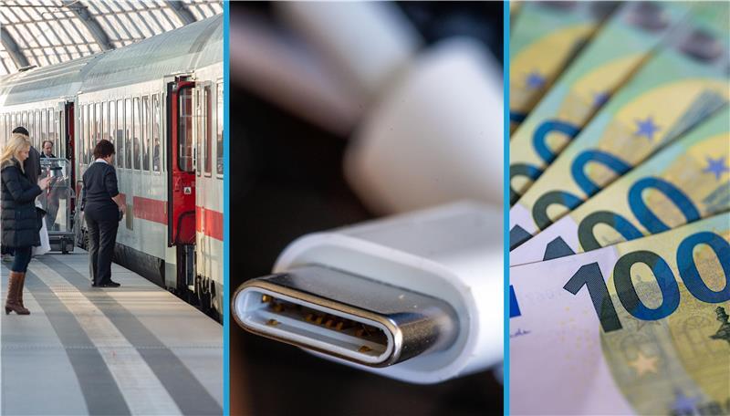 Menschen warten auf einem Bahngleis; ein USB-C-Ladekabel; 100-Euro-Scheine.