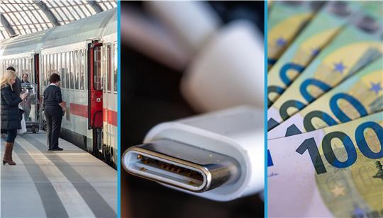 Menschen warten auf einem Bahngleis; ein USB-C-Ladekabel; 100-Euro-Scheine.