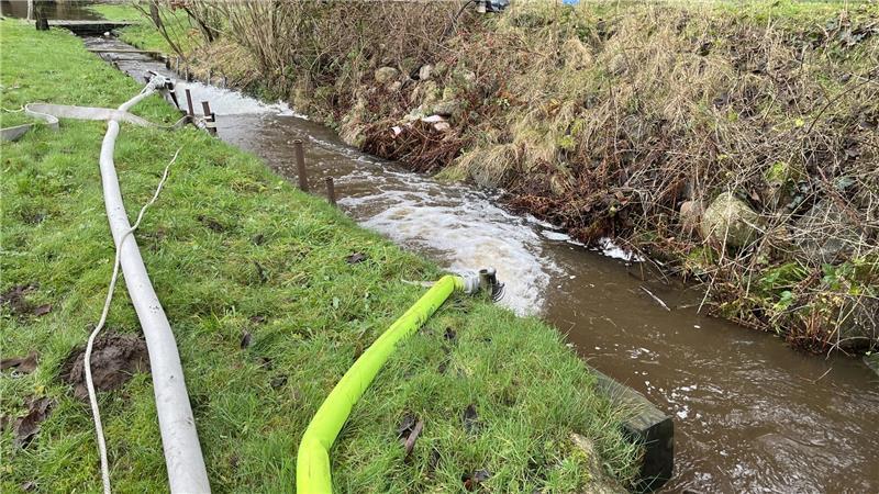 Im Januar 2024: Über lange Schlauchleitungen sprudelte das Wasser in den Zulauf zur Aue.