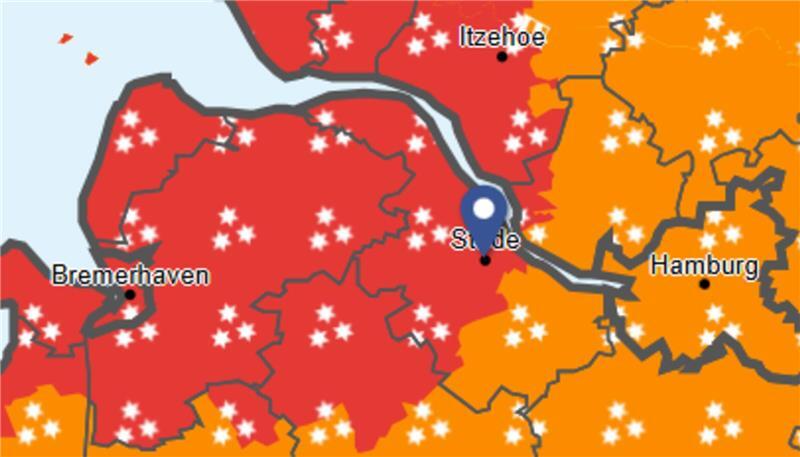 Im Norden des Landkreises Stade gilt noch bis Samstag, 7 Uhr, die Amtliche Unwetterwarnung vor starker Schneeverwehung (rot eingefärbt), für den Süden wurde sie bereits aufgehoben.