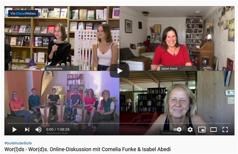 Im Online-Gespräch erzählen Isabel Abedi (rechts oben) und Cornelia Funke (rechts unten) aus ihrem Leben als Geschichtenerzähler.