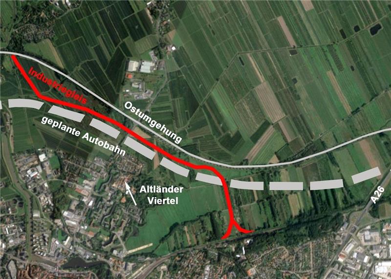 Im Osten Stades entstehen der Abschnitt 5b der A 26 (weiß) und das Industriegleis (rot) von der Bahnstrecke nach Hamburg ins Industriegebiet an der Elbe. Montage Finnern