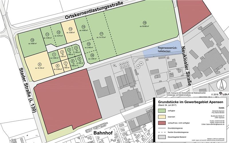 Im neuen Gewerbegebiet zwischen Bahn und Umgehungsstraße wurden bereits fünf Flächen reserviert (gelbe Markierung). Die braunen Flächen sind die Erweiterungsflächen für Eisbär Eis (oben) und Saatzucht. l