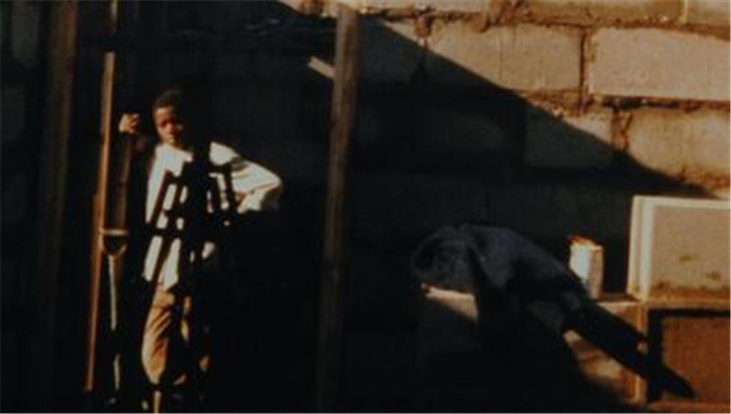 Im unteren Teil des Bildes steht ein Junge an das Gerüst gelehnt.