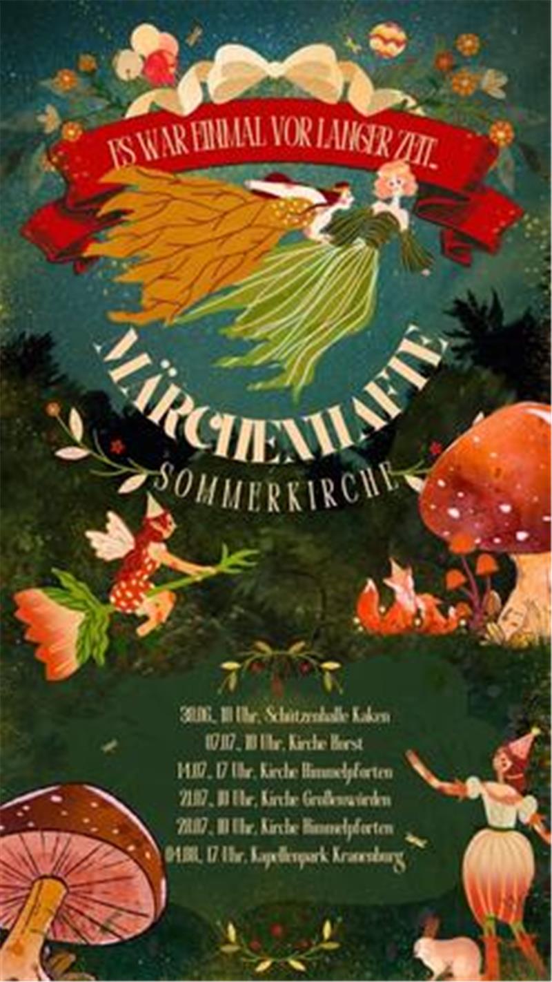 Sechs märchenhafte Gottesdienste in der Sommerkirche In Rahmen der „Märchenhaften Sommerkirche“ der Kirchengemeinden der Region Geest - Oldendorf, Himmelpforten und Horst in Burweg und Großenwörden - werden sechs märchenhafte Gottesdienste gefeiert.