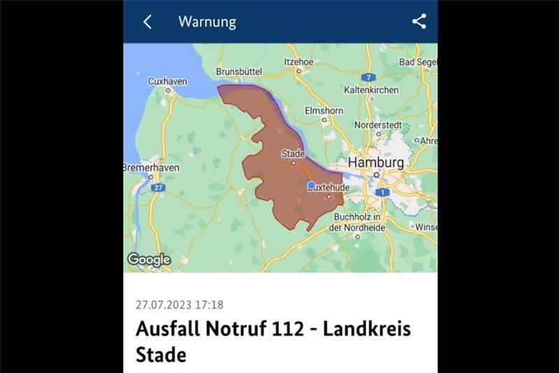 Notruf 112 im Landkreis Stade kurzzeitig gestört In dem rot markierten Gebiet fällt der Notruf unter 112 aus (Screenshot).