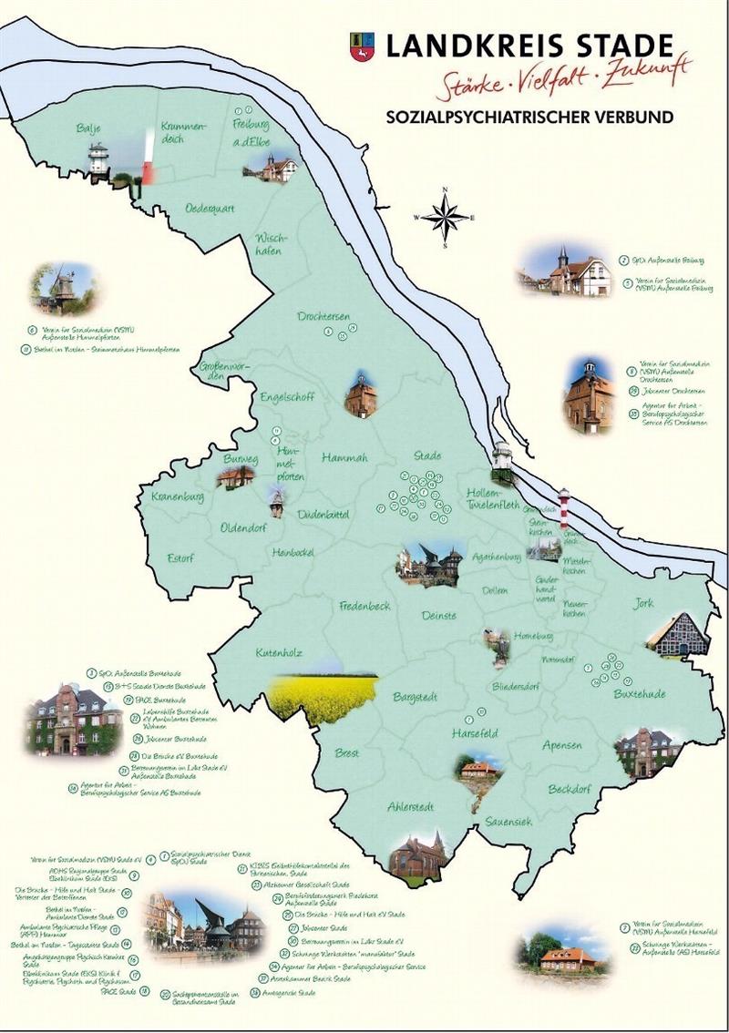 In den vergangenen Jahren ist im Landkreis Stade ein dichtes Netzwerk der gemeindenahen Psychiatrie entstanden. Das zeigt die Karte des Sozialpsychiatrischen Verbundes.