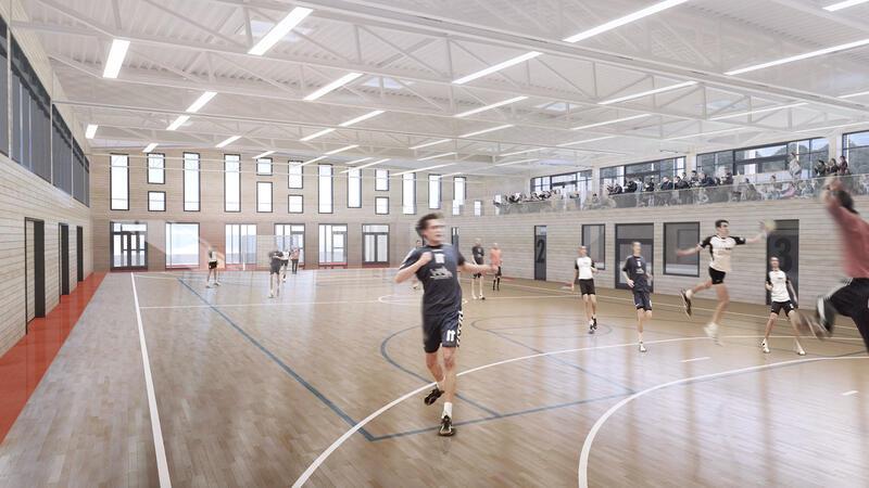 In der 1,5-Feld-Sporthalle sind mehrere Sportarten möglich. Rechts ist die Empore zu sehen. (Visualisierung)