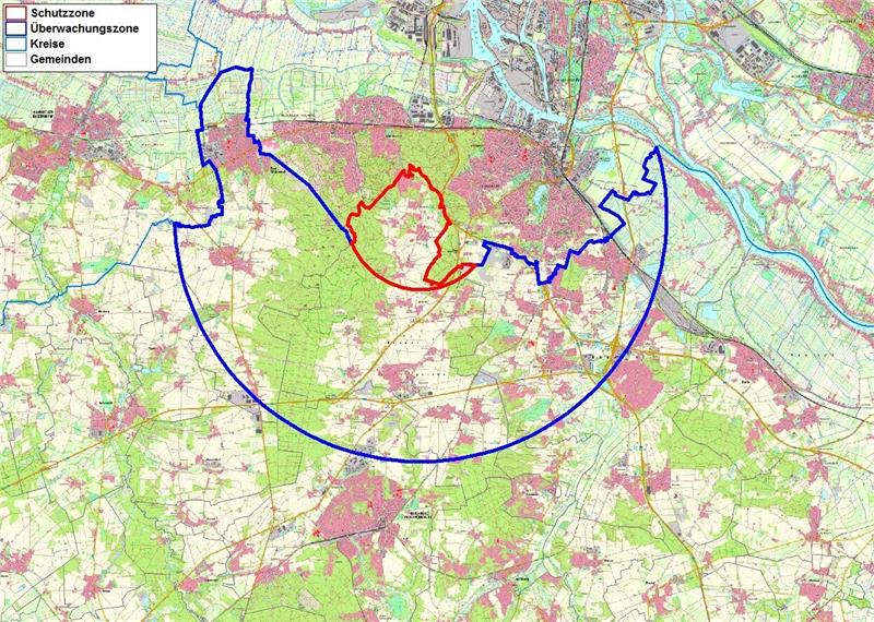 Aufatmen nach Vogelgrippe-Ausbruch am Kiekeberg In der Schutz- und Überwachungszone rund um das Kiekeberg-Museum gilt die Stallpflicht. Grafik: LK Harburg
