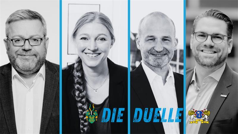 In der Stichwahl ums Bürgermeisteramt (v. l.): Die Buxtehuder Kandidaten Ralf Dessel (parteilos) und Katharina Mewes (BBG/ FWG) und die Stader Kandidaten Kai Koeser (SPD) und Arne Kramer (CDU).