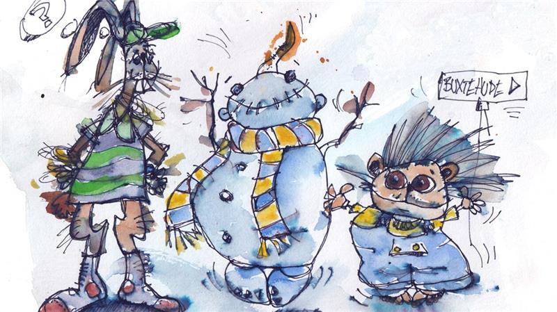 Was Buxtehudes Hase und Igel mit Weihnachten zu tun haben Hase, Schneemann und Igel - gezeichnet von Sven Brauer