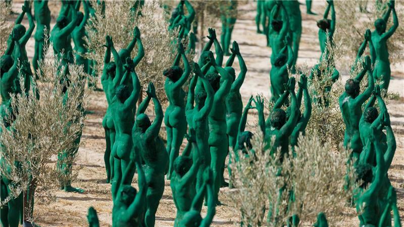 Kunstaktion mit Hunderten Nackten: Körperkunst im Olivenhain Intensives Grün: Spencer Tunicks erste Kunstinstallation in Andalusien.