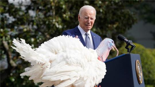 Joe Biden begnadigt die Thanksgiving-Truthähne „Liberty“ und „Bell“.