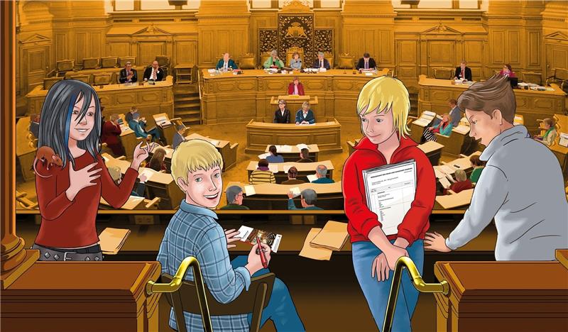 Johanna, Marek und Lukas und Koko ermitteln Fälle, die rund um das Hamburger Rathaus spielen. Illustration Bürgerschaft