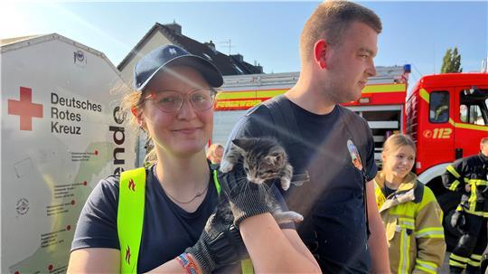 Joy Wieters hält die gerettete Katze in ihren Händen.