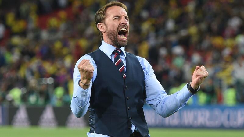 Abenteurer auf der Achterbahn: Southgate vor Happy End Jubel nach dem Elfmeter-Sieg über Kolumbien. bei der WM 2018.