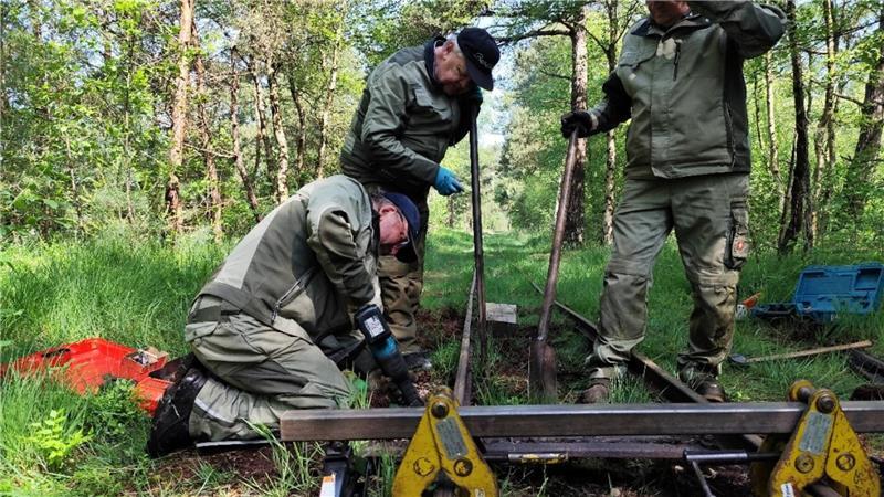 Jürgen Otten (von links) Bertholdt Fedtke und Günter Drösemeyer entfernen gemeinsam eine Baumwurzel, die das Gleis in eine gefährliche Schräglage gebracht hat.
