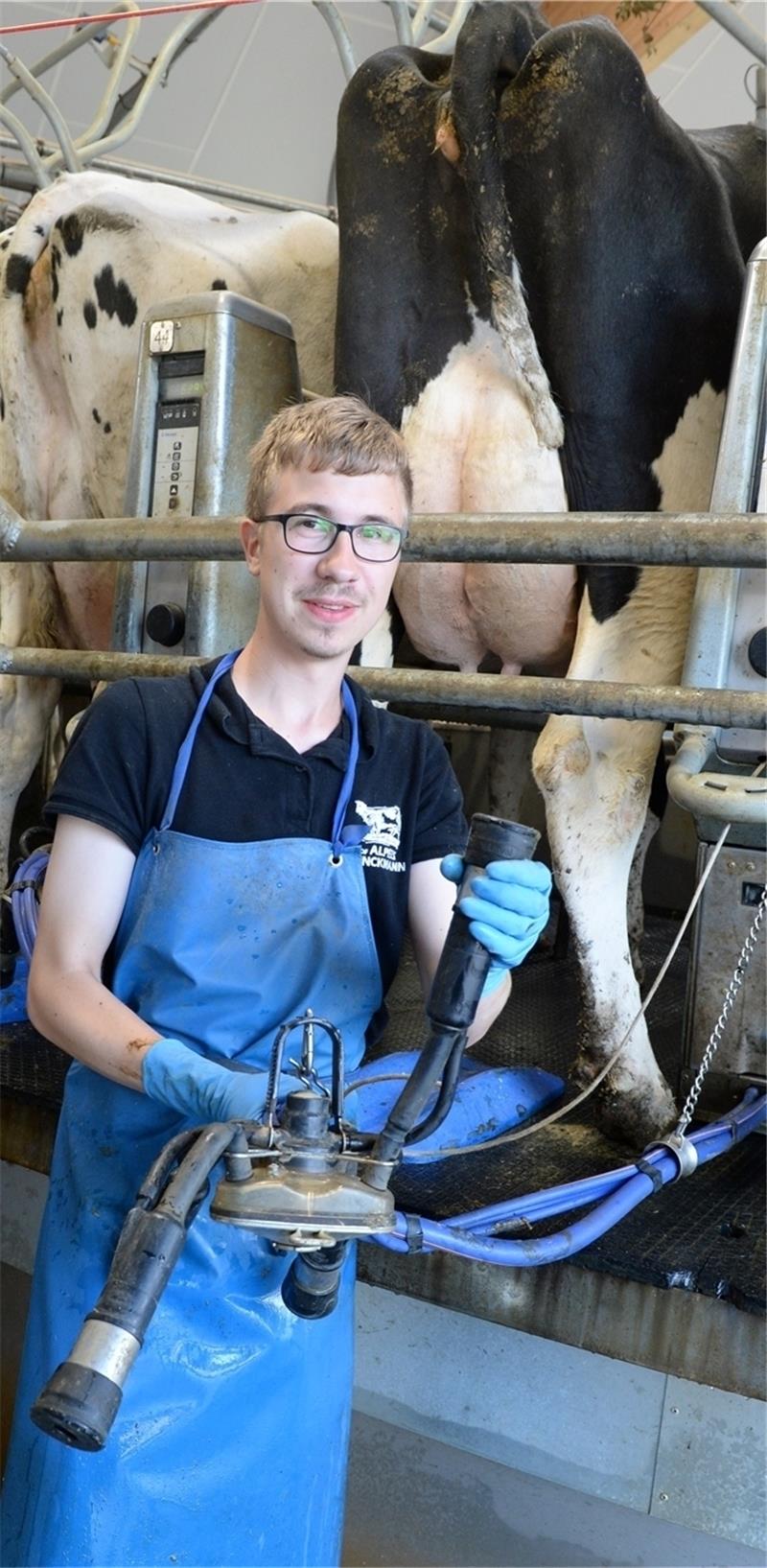 Julian legt Melkgeschirr an.